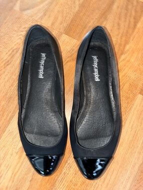 Jeffrey Campbell Becca Black Satin Ballet Flats with Patent Cap Toe